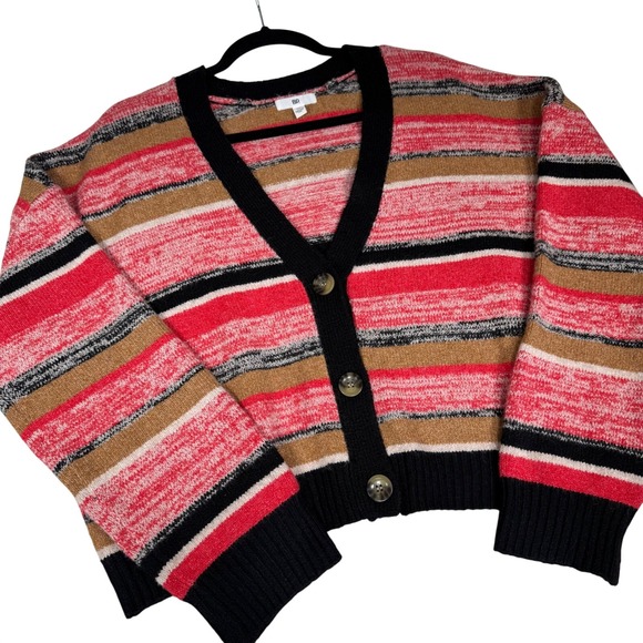 bp Sweaters - BP Striped V Neck Button Front‎ Cropped Cardigan Sweater XL Nordstrom Red Black